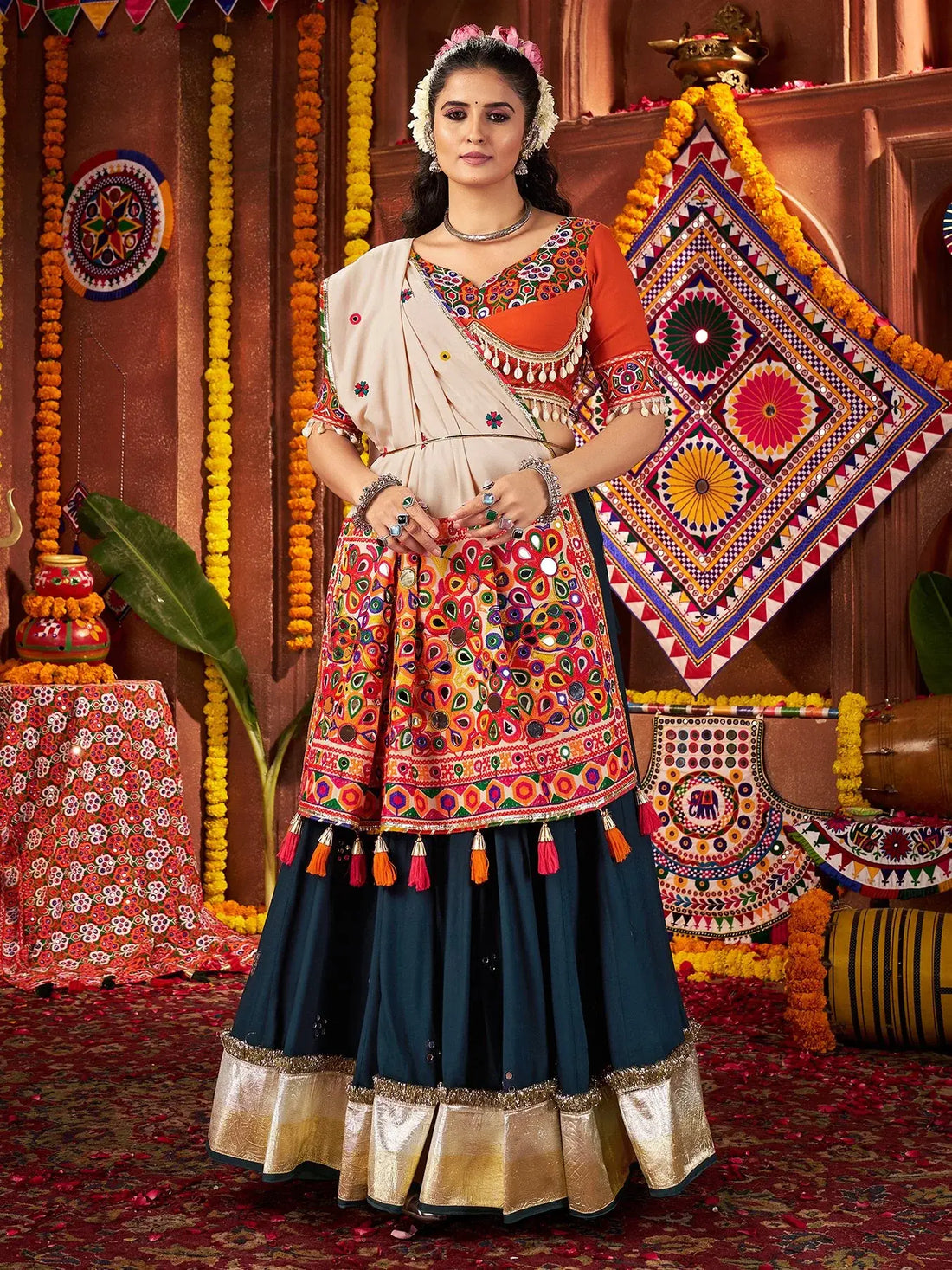 Marvelous Teal Blue Mirror Work Cotton Festive Wear Lehenga With Blouse - Zeel Clothing
