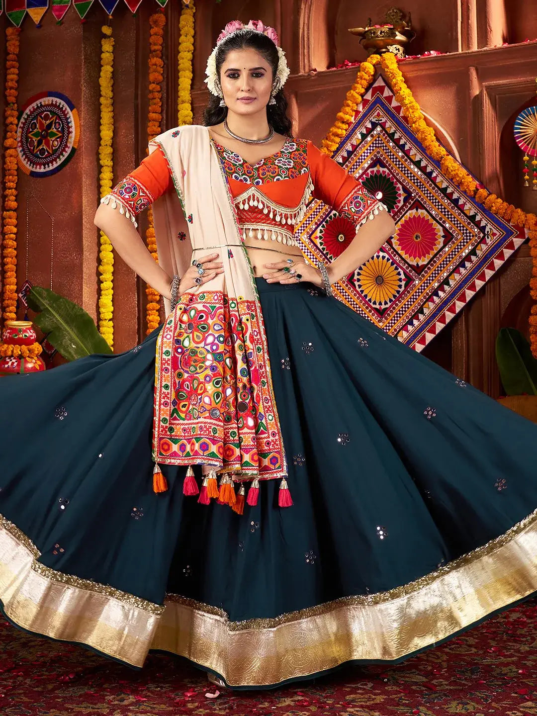 Marvelous Teal Blue Mirror Work Cotton Festive Wear Lehenga With Blouse - Zeel Clothing