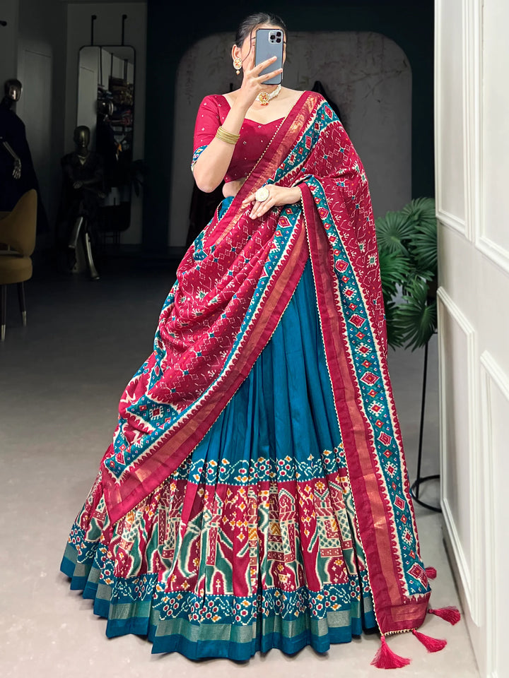 Marvelous Teal Blue Patola Printed Silk Festival Wear Lehenga Choli - Zeel Clothing