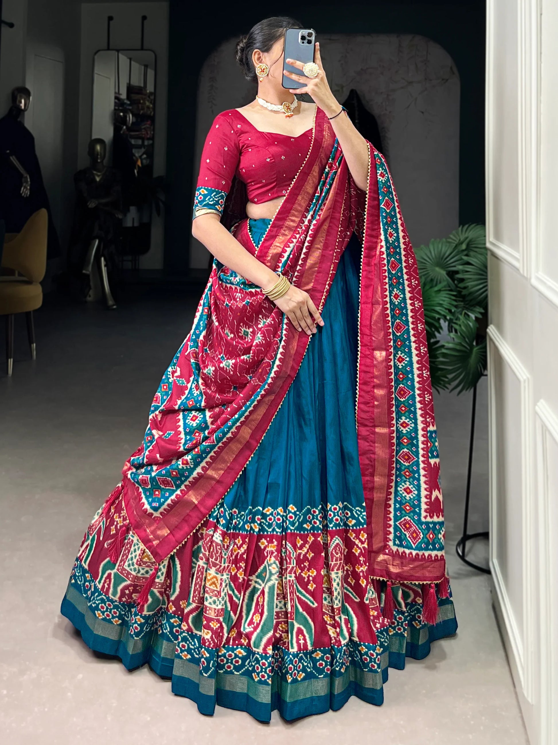Marvelous Teal Blue Patola Printed Silk Festival Wear Lehenga Choli - Zeel Clothing