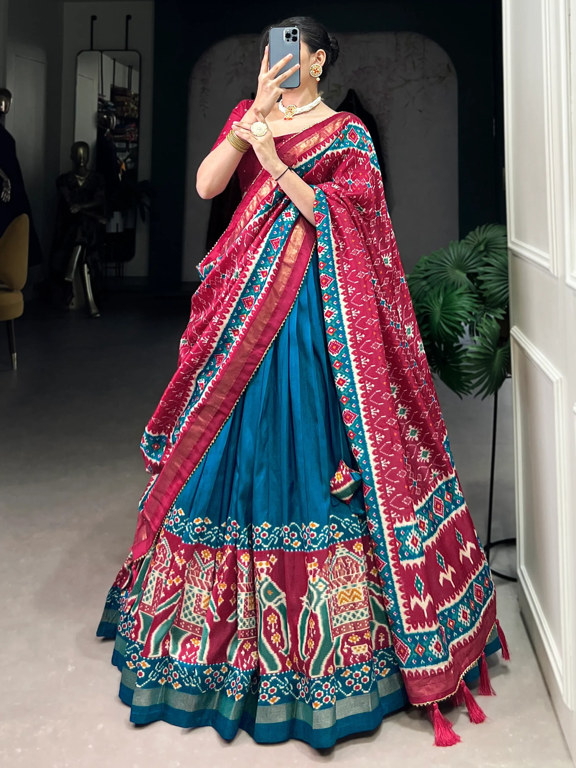 Marvelous Teal Blue Patola Printed Silk Festival Wear Lehenga Choli - Zeel Clothing