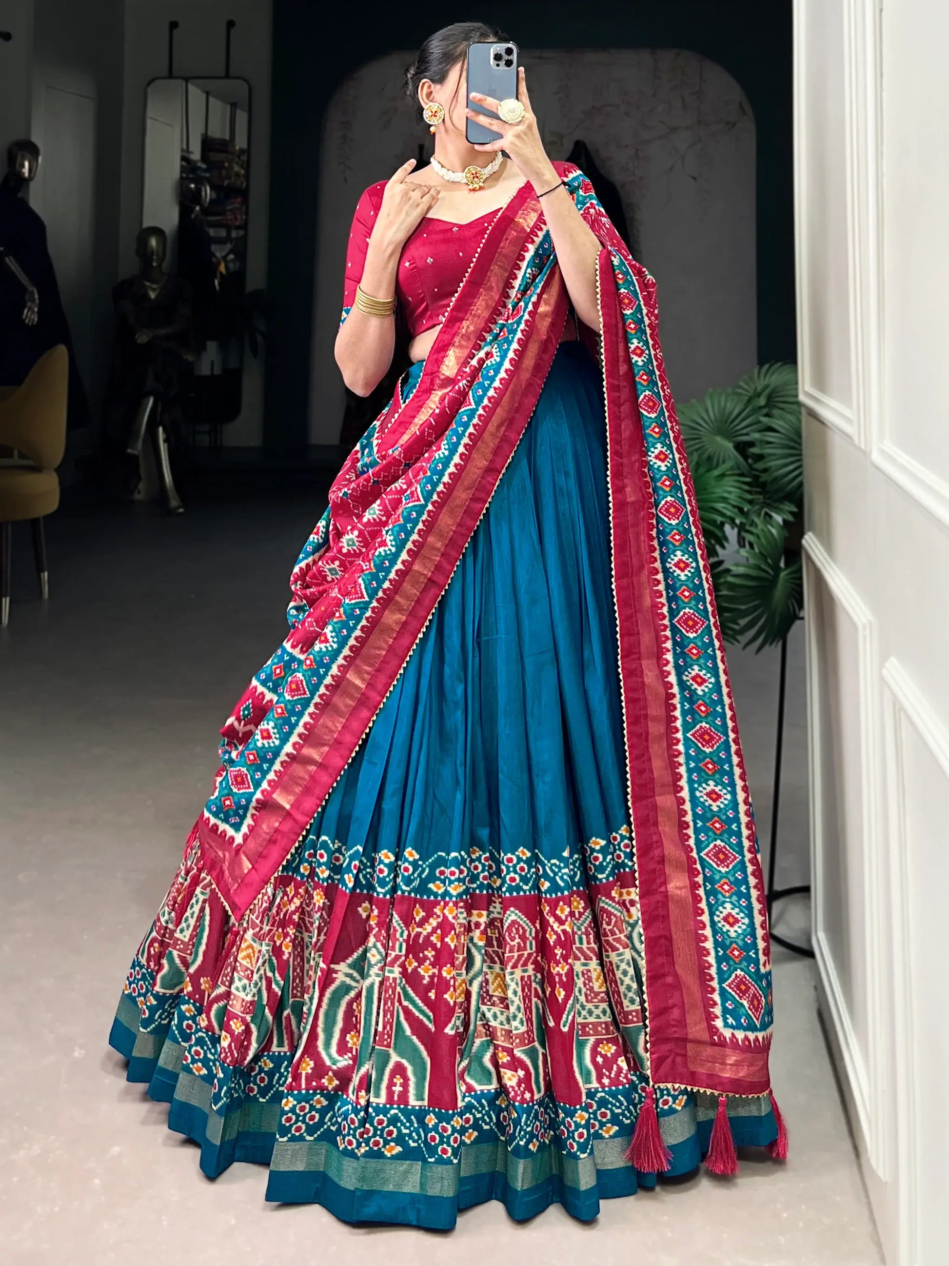 Marvelous Teal Blue Patola Printed Silk Festival Wear Lehenga Choli - Zeel Clothing