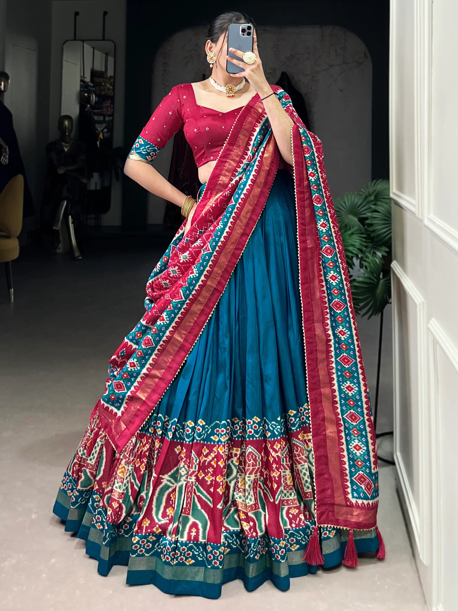 Marvelous Teal Blue Patola Printed Silk Festival Wear Lehenga Choli - Zeel Clothing