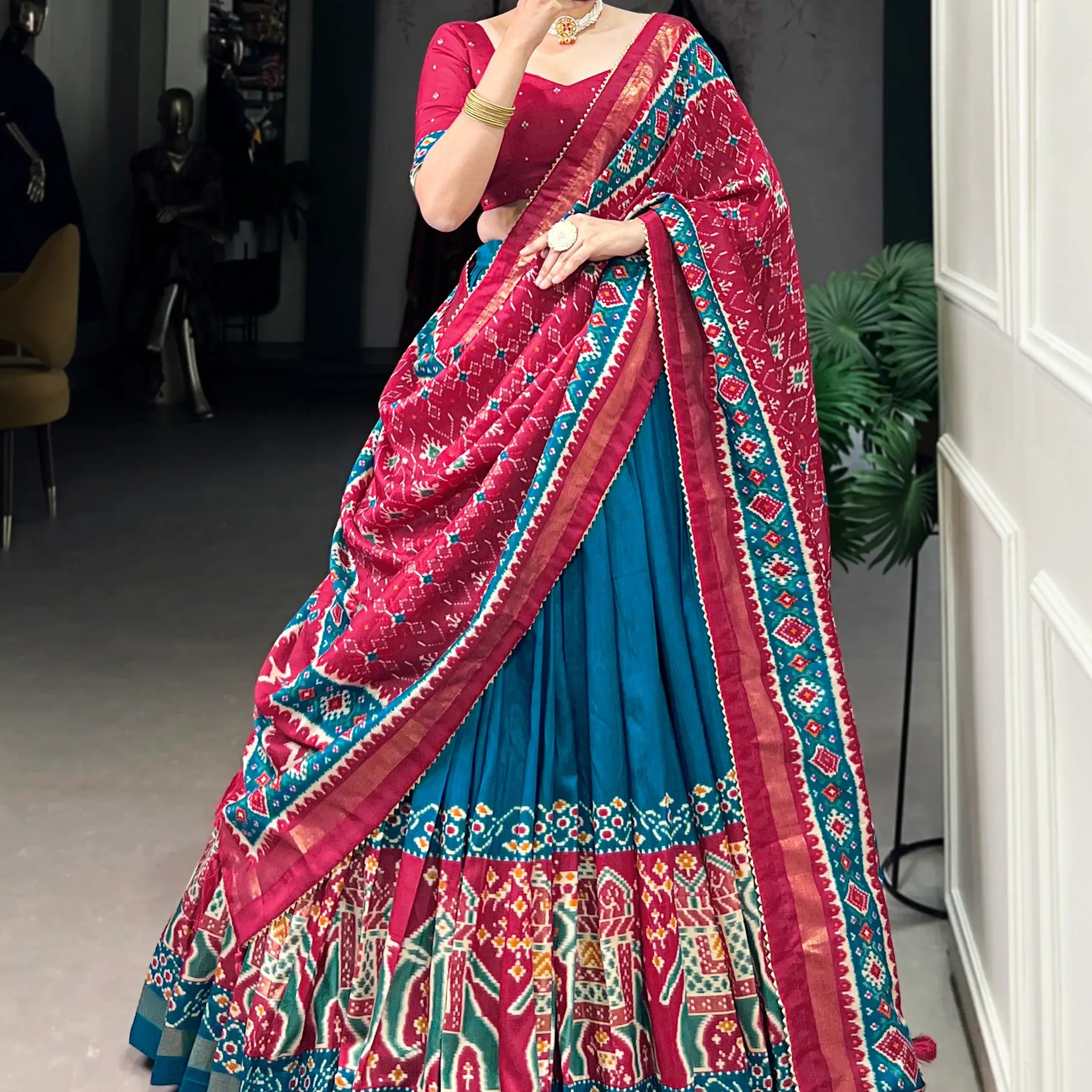 Marvelous Teal Blue Patola Printed Silk Festival Wear Lehenga Choli - Zeel Clothing