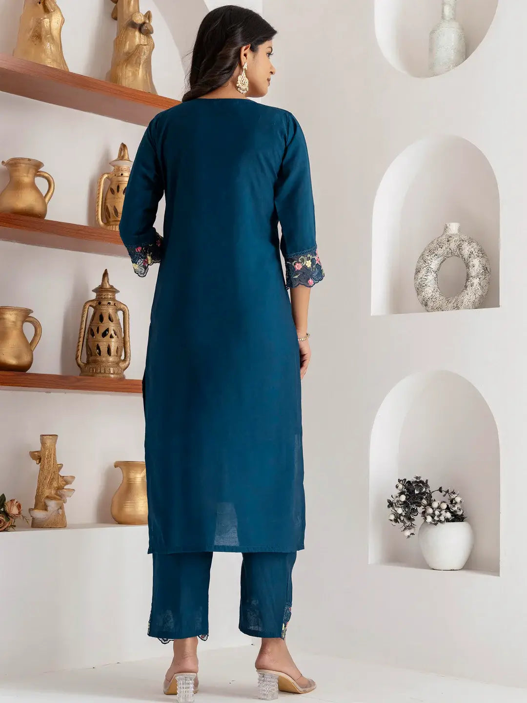 Marvelous Teal Blue Thread Work Viscose Silk Pant Suit With Dupatta - Zeel Clothing