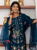 Marvelous Teal Blue Thread Work Viscose Silk Pant Suit With Dupatta - Zeel Clothing