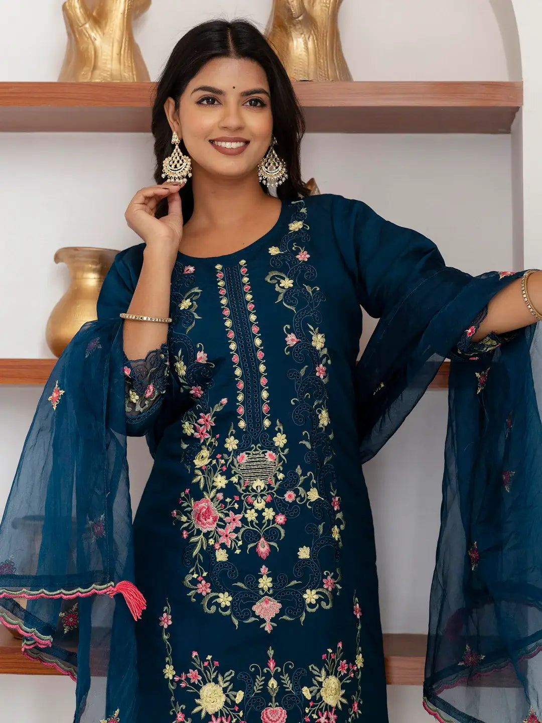 Marvelous Teal Blue Thread Work Viscose Silk Pant Suit With Dupatta - Zeel Clothing