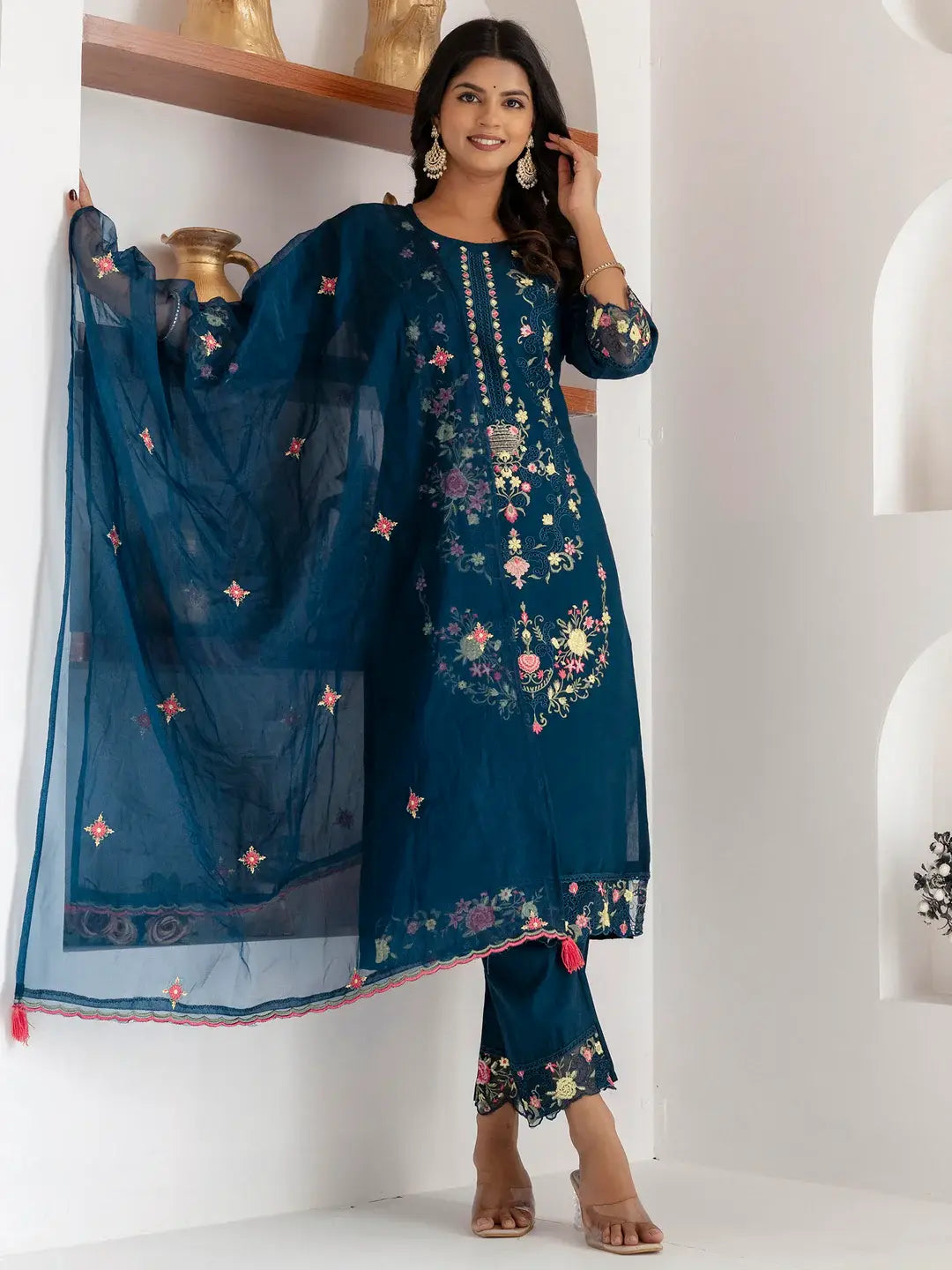 Marvelous Teal Blue Thread Work Viscose Silk Pant Suit With Dupatta - Zeel Clothing