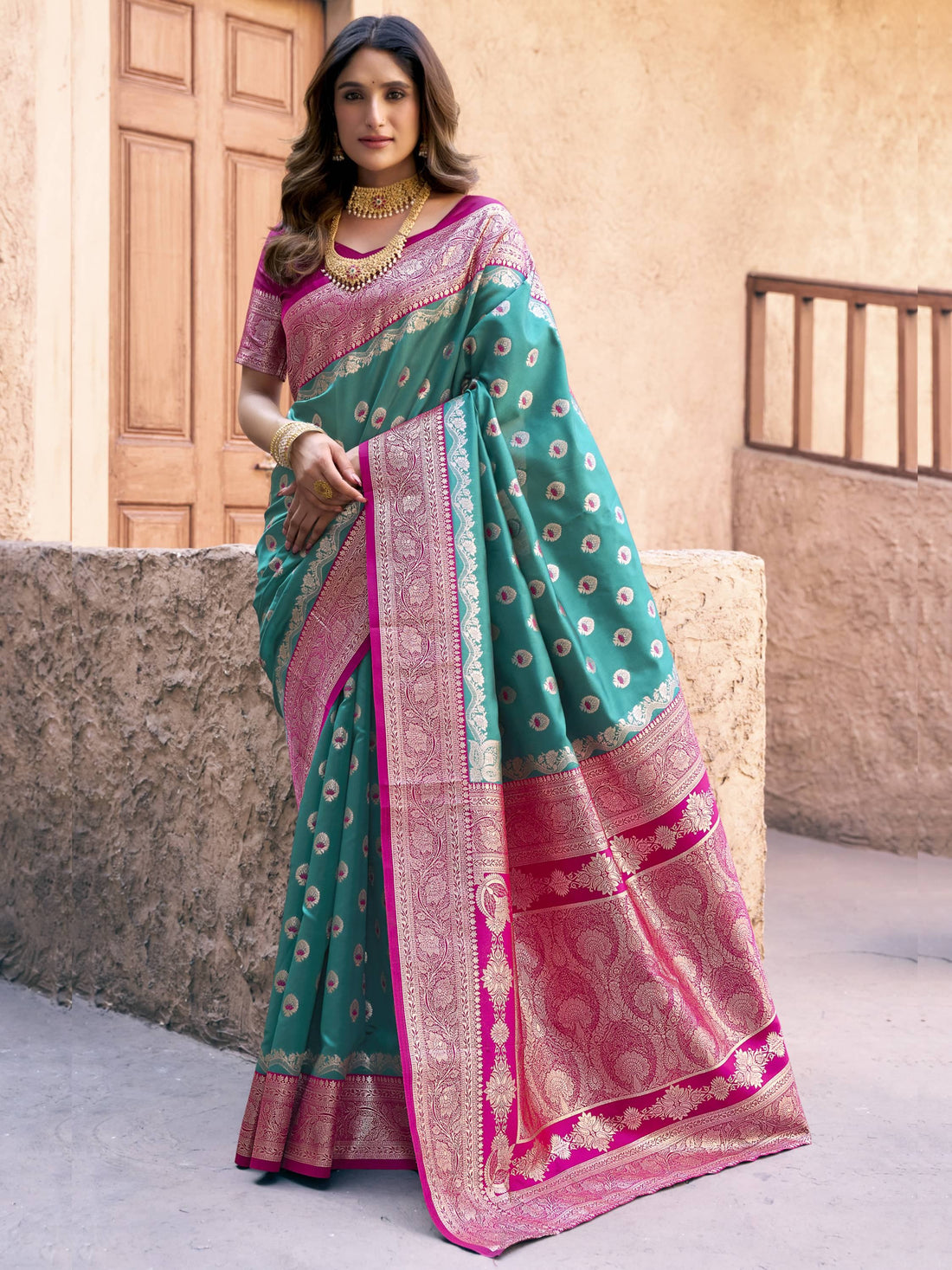 Marvelous Teal Green Zari Weaving Silk Saree With Pink Blouse - Zeel Clothing