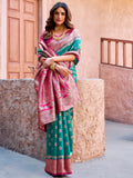 Marvelous Teal Green Zari Weaving Silk Saree With Pink Blouse - Zeel Clothing