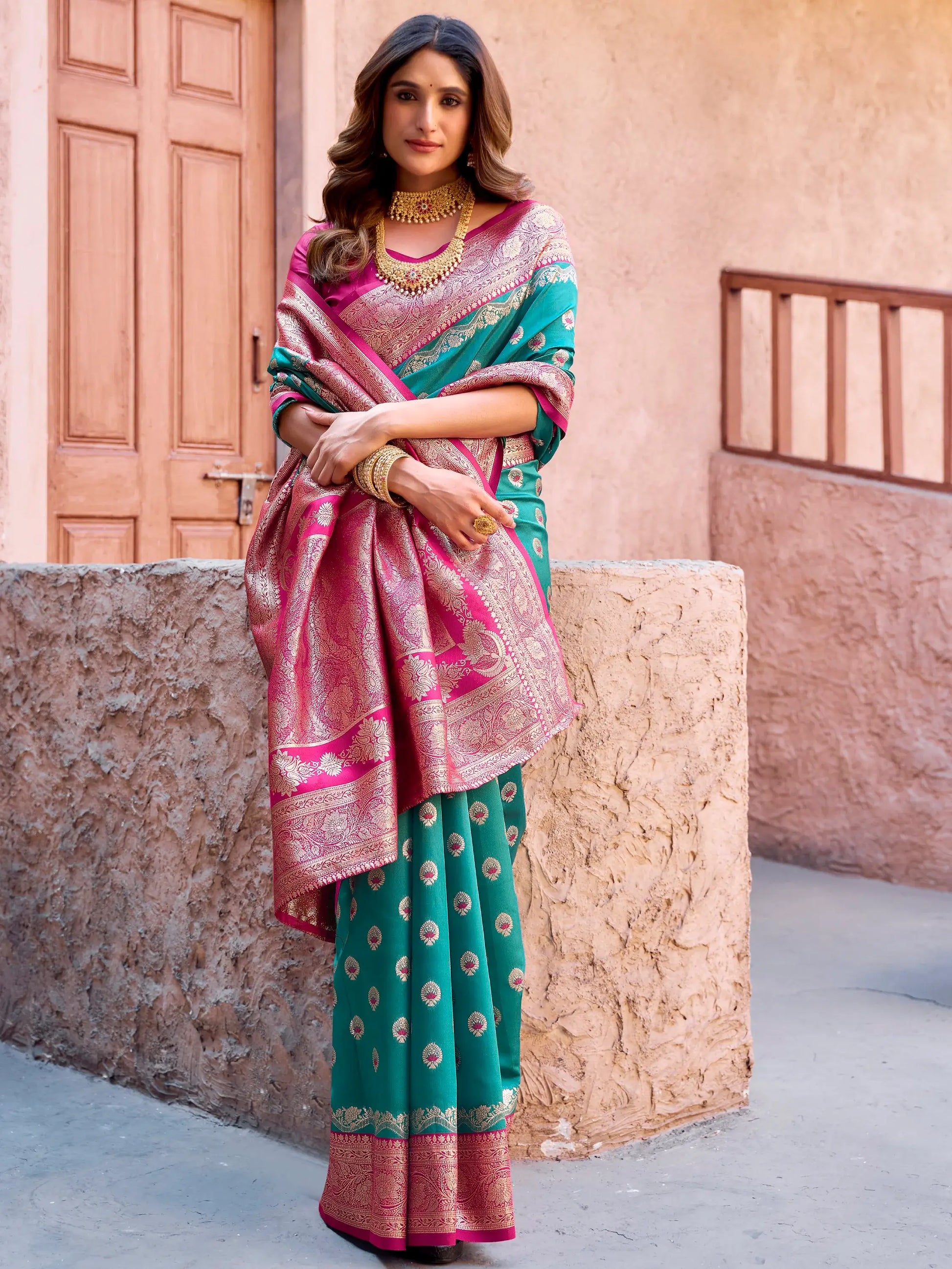 Marvelous Teal Green Zari Weaving Silk Saree With Pink Blouse - Zeel Clothing