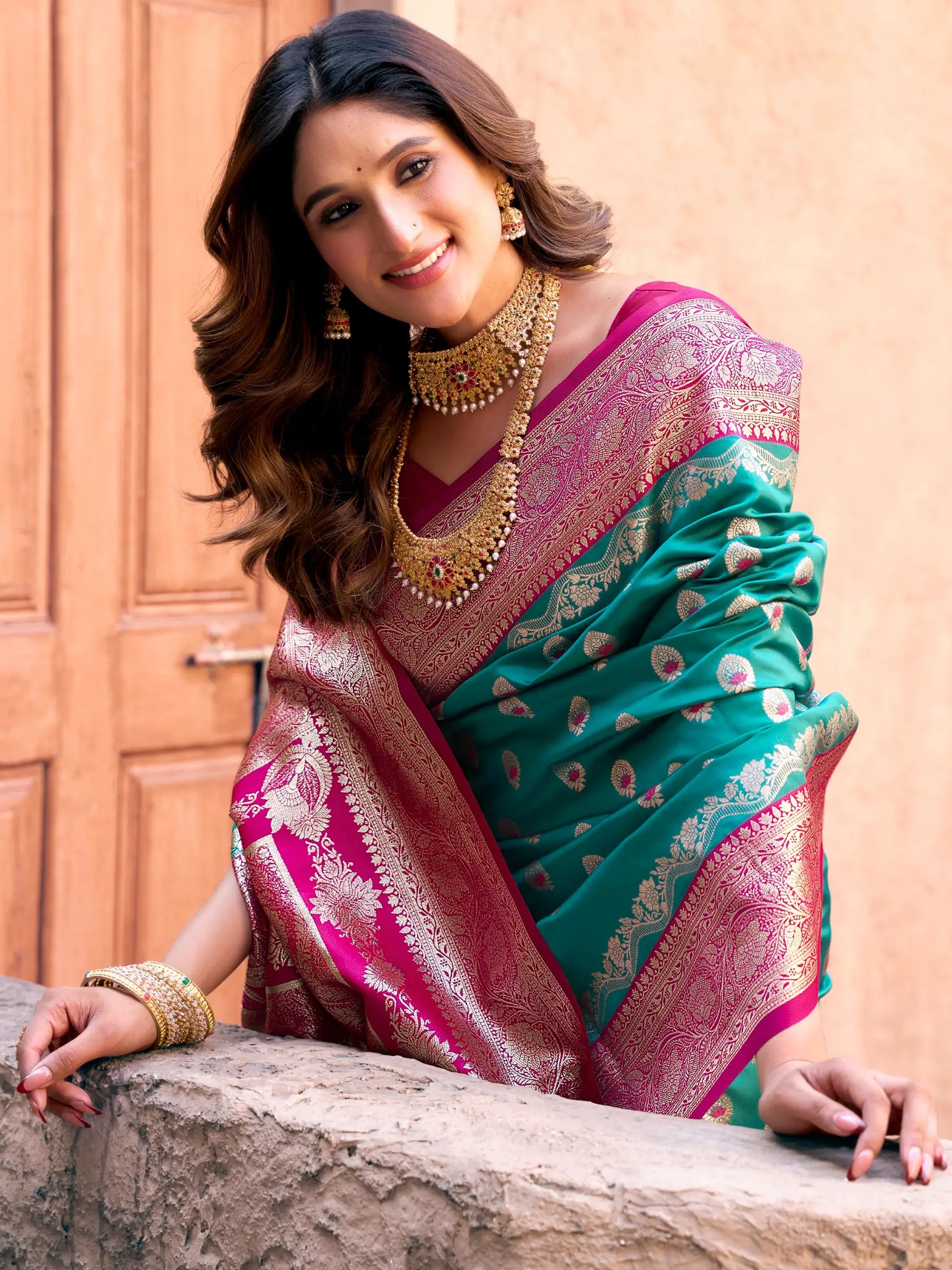 Marvelous Teal Green Zari Weaving Silk Saree With Pink Blouse - Zeel Clothing