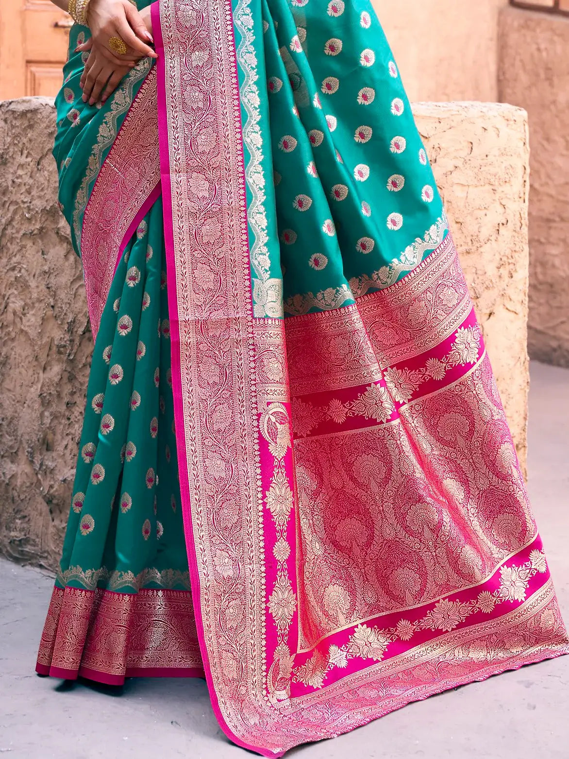 Marvelous Teal Green Zari Weaving Silk Saree With Pink Blouse - Zeel Clothing