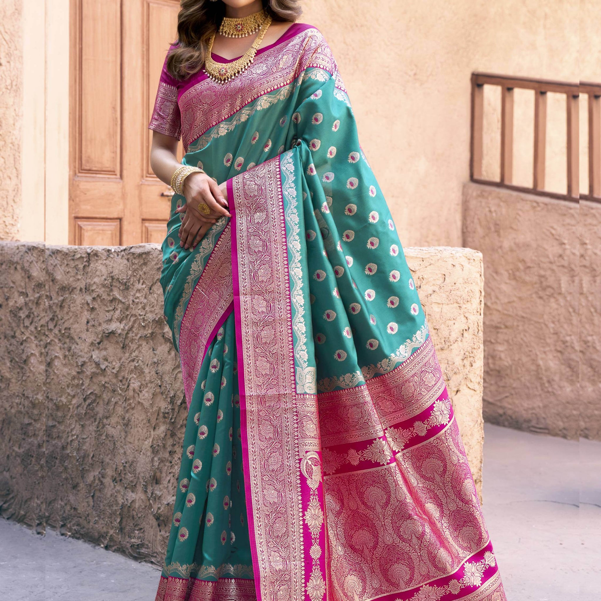 Marvelous Teal Green Zari Weaving Silk Saree With Pink Blouse - Zeel Clothing
