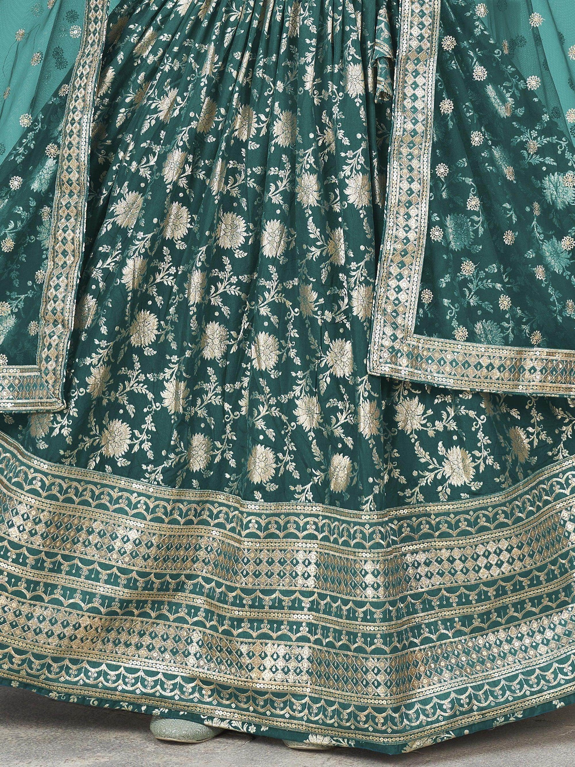 Marvelous Teal Green Zari Work Jacquard Mehendi Wear Lehenga Choli - Zeel Clothing