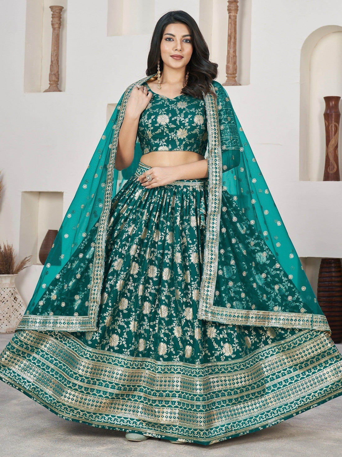 Marvelous Teal Green Zari Work Jacquard Mehendi Wear Lehenga Choli - Zeel Clothing