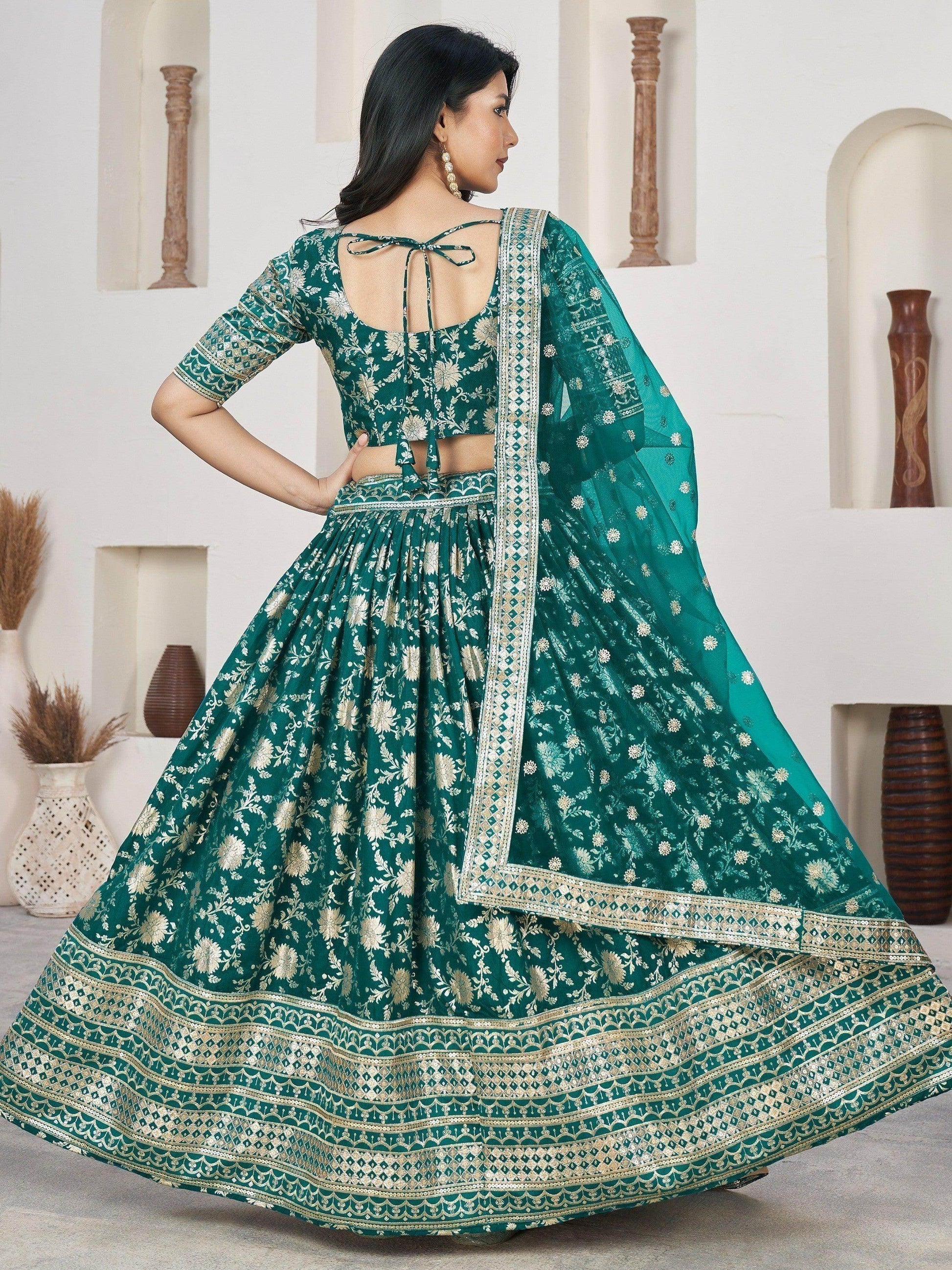Marvelous Teal Green Zari Work Jacquard Mehendi Wear Lehenga Choli - Zeel Clothing