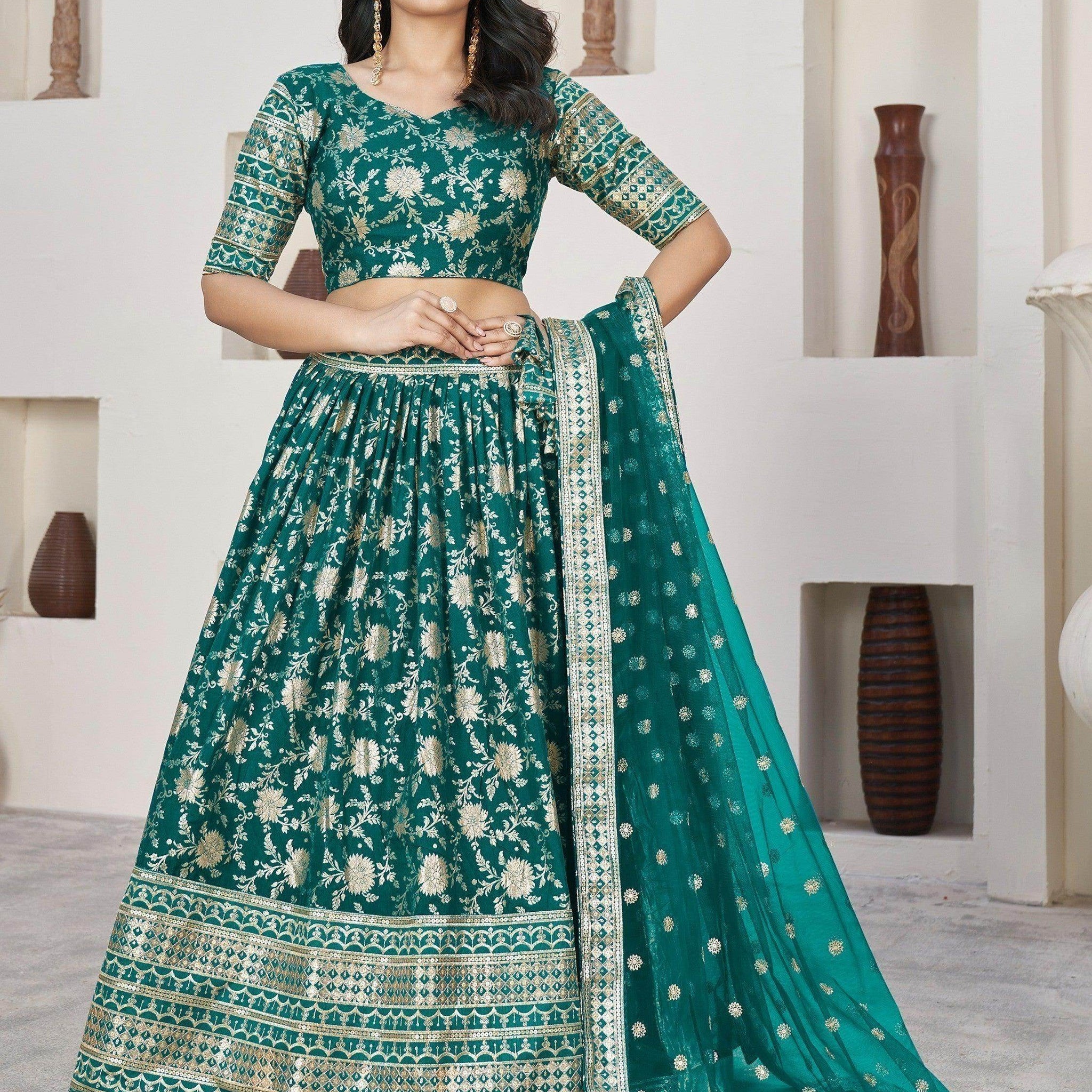 Marvelous Teal Green Zari Work Jacquard Mehendi Wear Lehenga Choli - Zeel Clothing