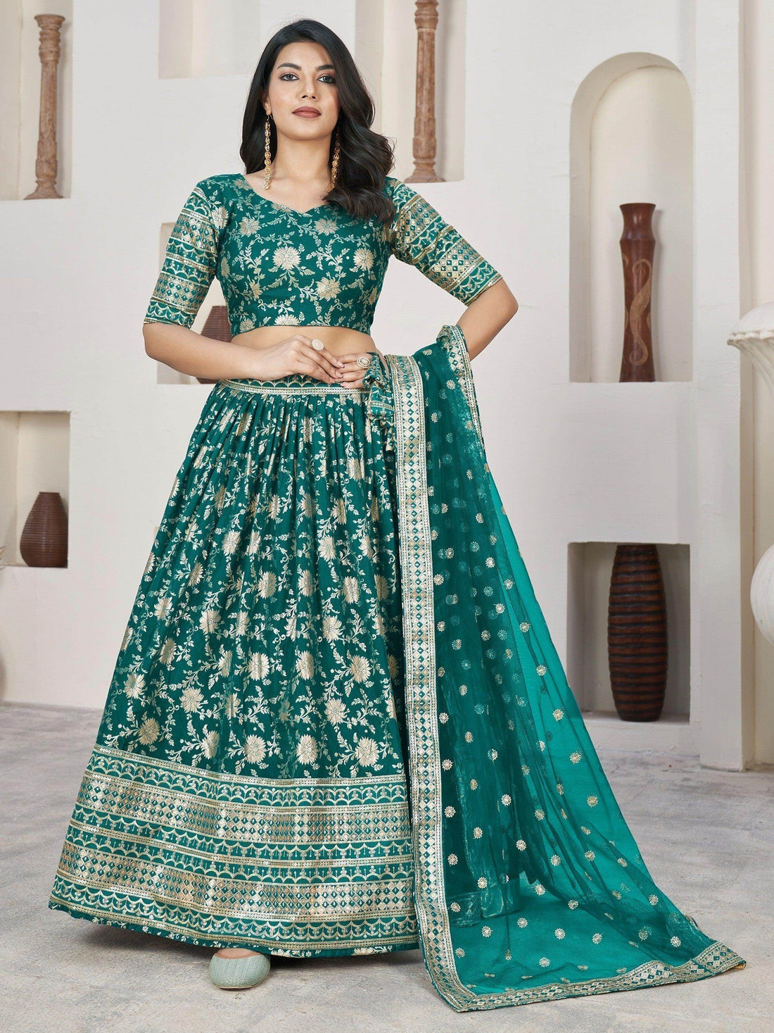 Marvelous Teal Green Zari Work Jacquard Mehendi Wear Lehenga Choli - Zeel Clothing