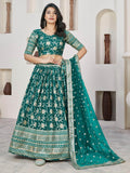Marvelous Teal Green Zari Work Jacquard Mehendi Wear Lehenga Choli - Zeel Clothing
