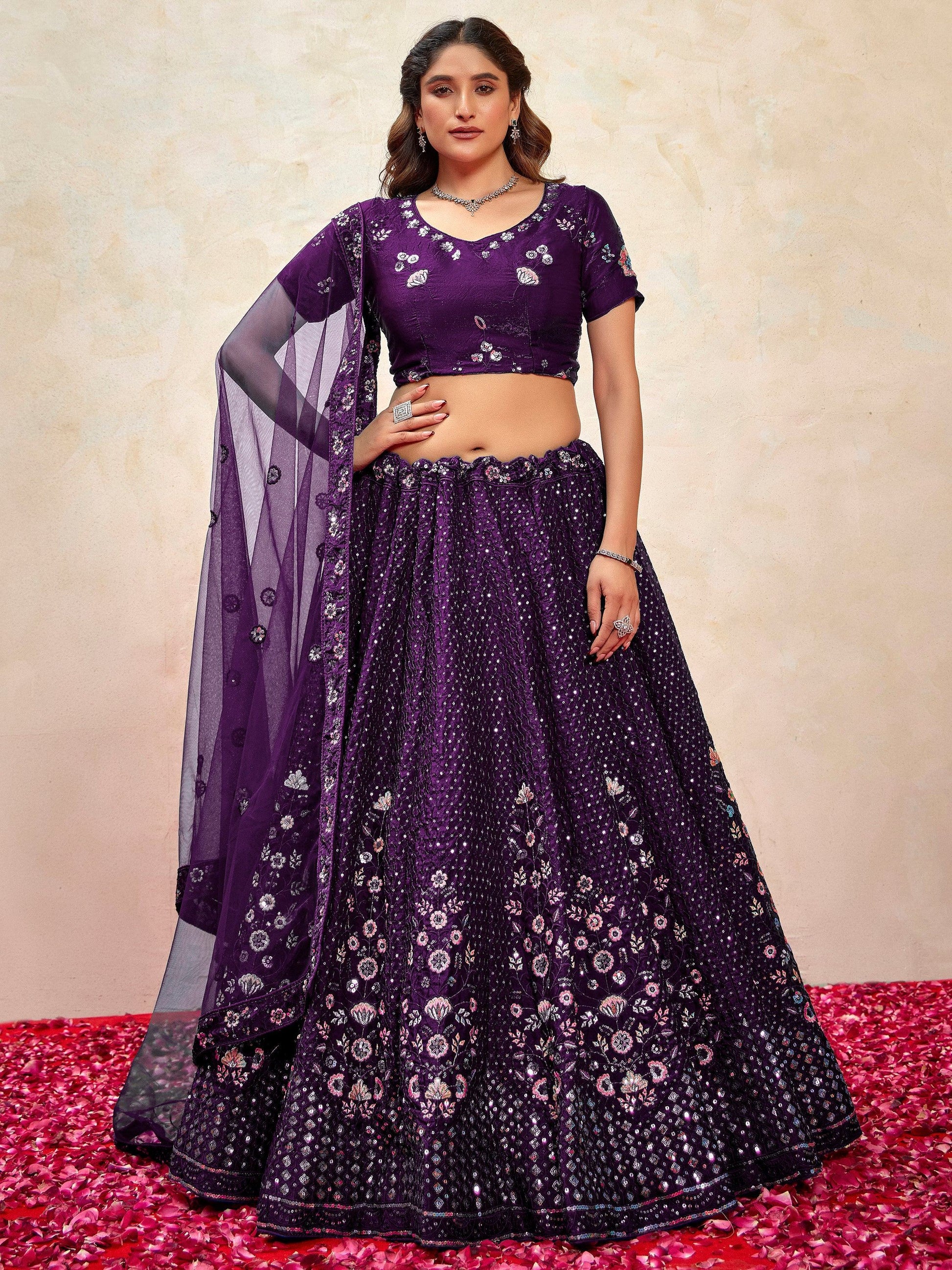 Marvelous Violet Thread Embroidered Net Wedding Wear Lehenga Choli - Zeel Clothing