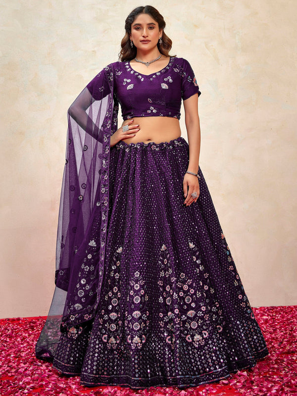Marvelous Violet Thread Embroidered Net Wedding Wear Lehenga Choli - Zeel Clothing