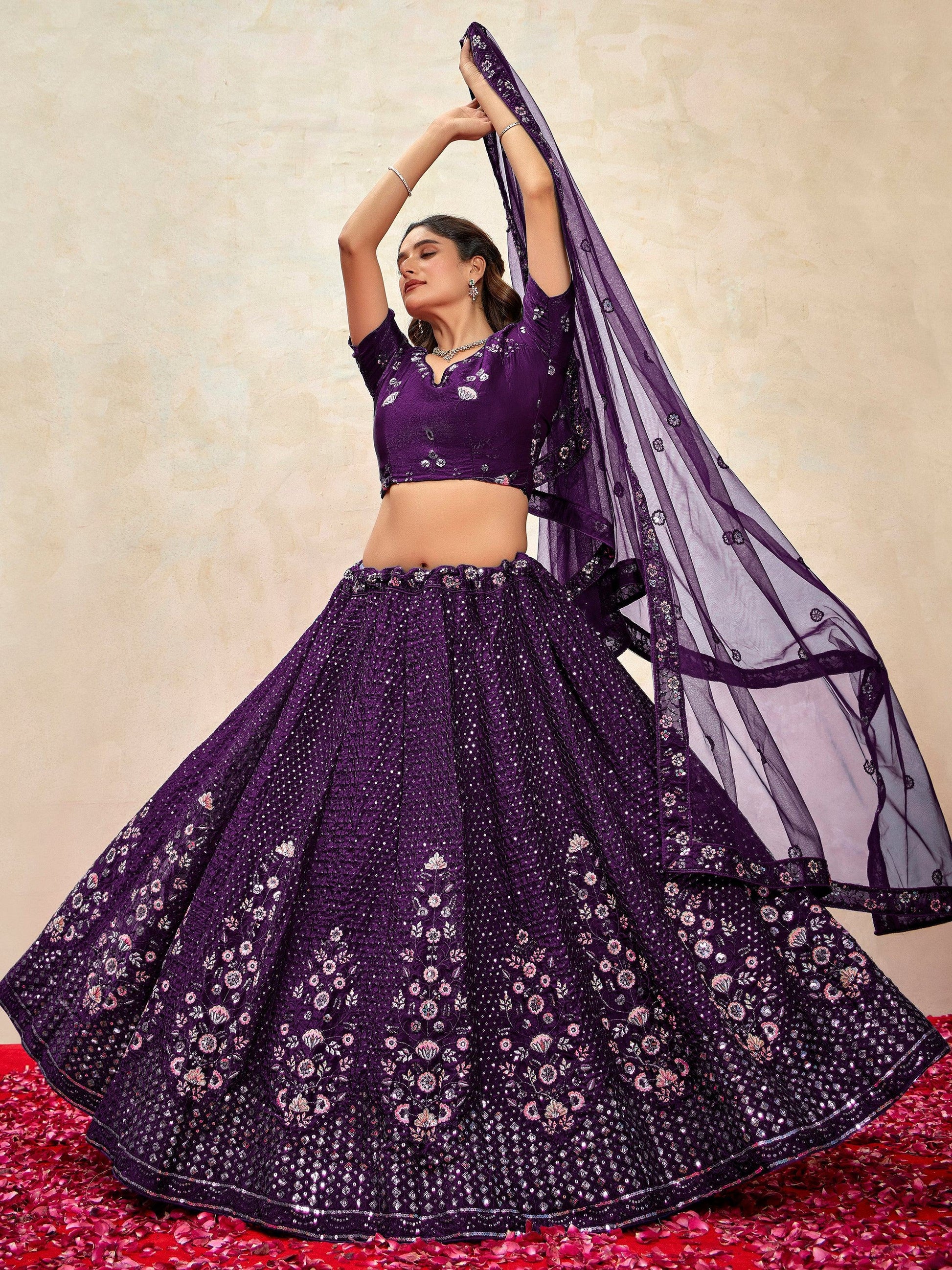 Marvelous Violet Thread Embroidered Net Wedding Wear Lehenga Choli - Zeel Clothing