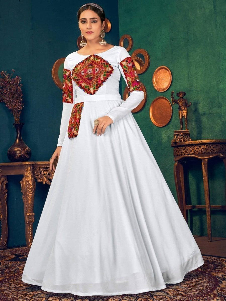 Marvelous White Mirror And Pearl Work Georgette Festive Wear Gown