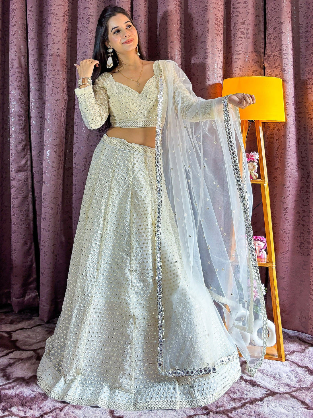 Marvelous White Sequins Georgette Sangeet Wear Lehenga Choli - Zeel Clothing