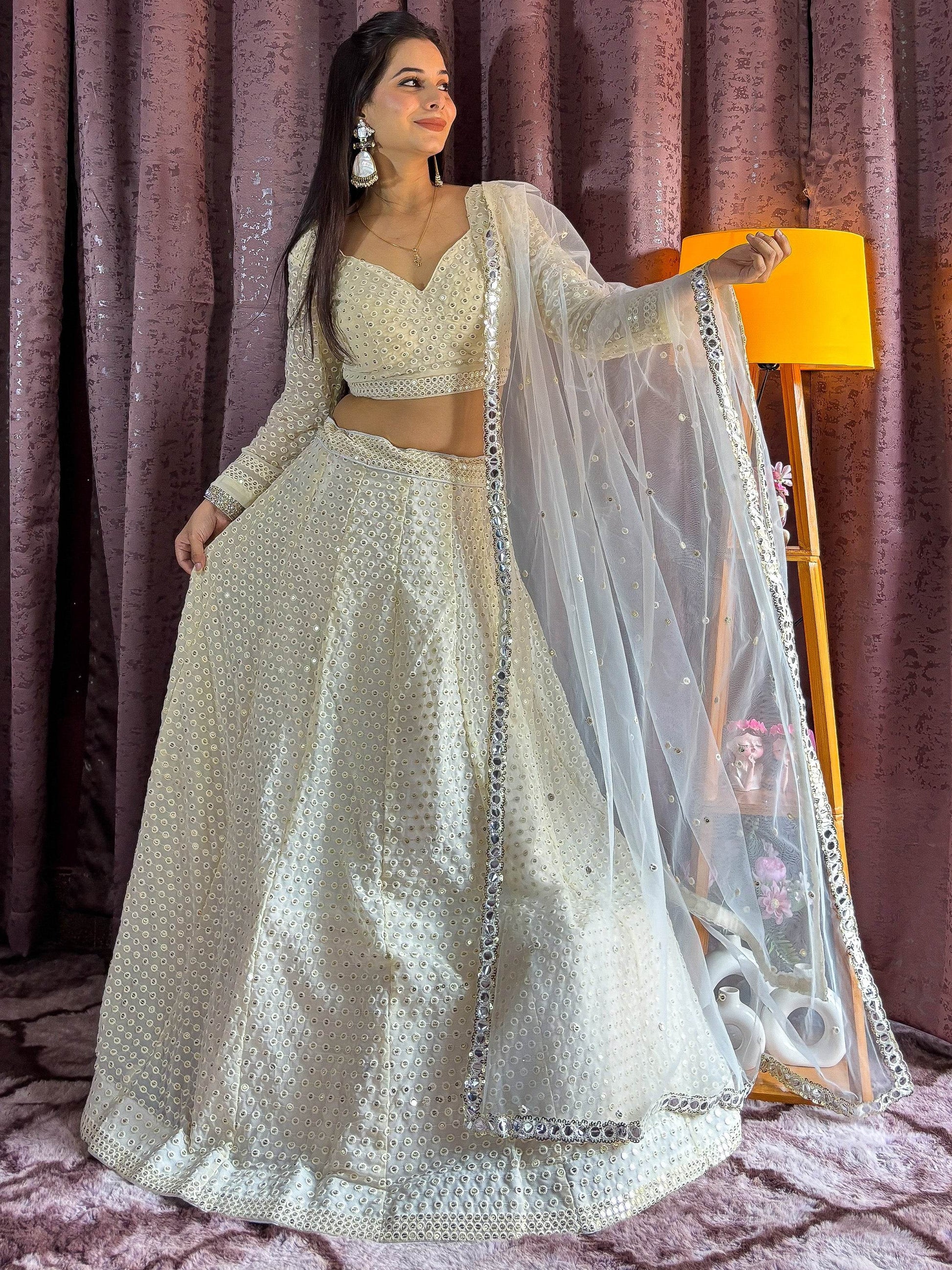 Marvelous White Sequins Georgette Sangeet Wear Lehenga Choli - Zeel Clothing