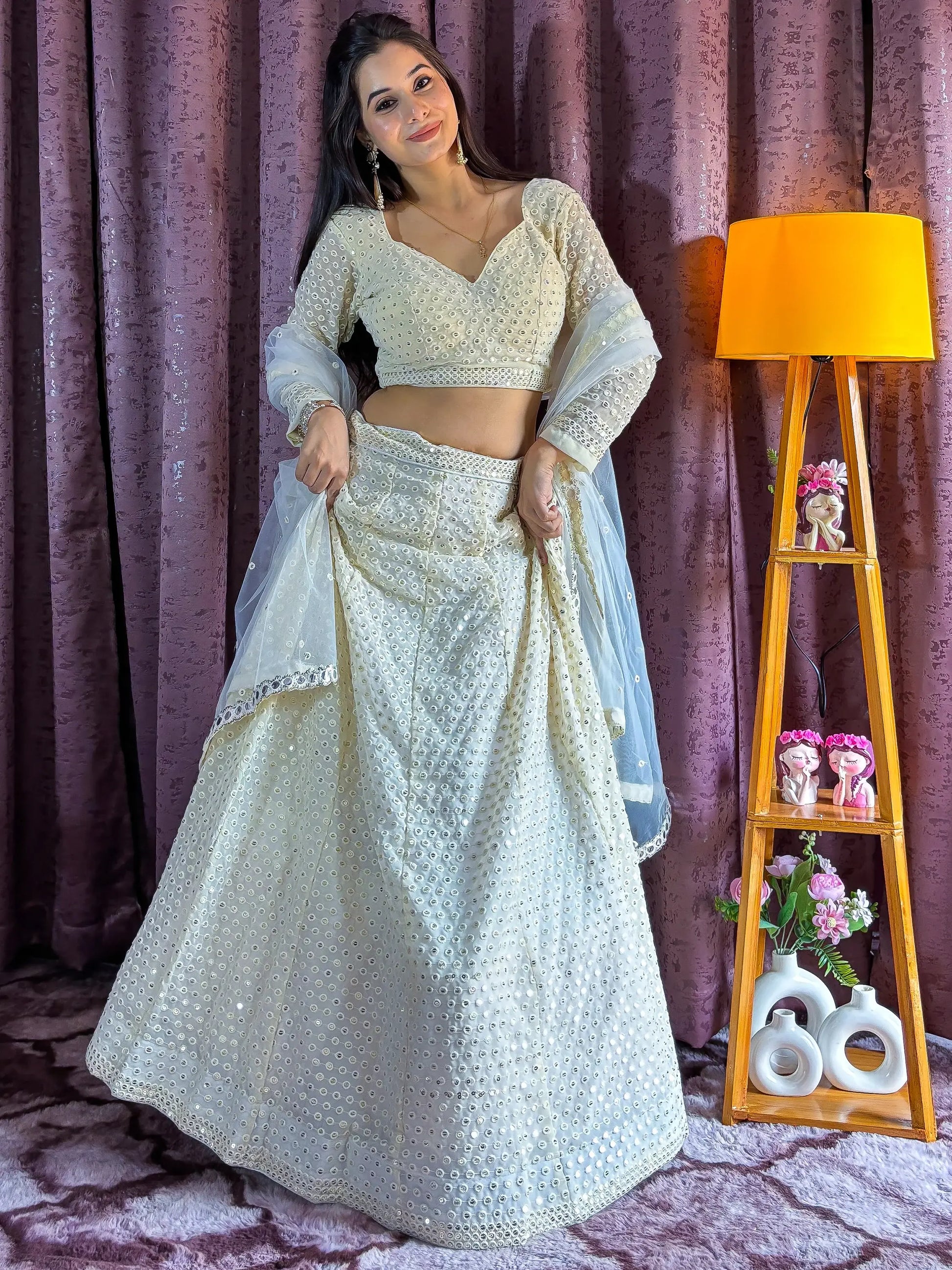 Marvelous White Sequins Georgette Sangeet Wear Lehenga Choli - Zeel Clothing