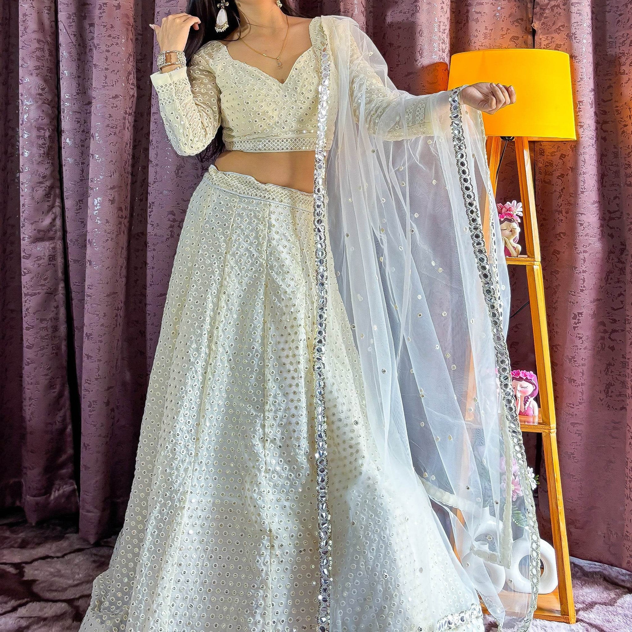 Marvelous White Sequins Georgette Sangeet Wear Lehenga Choli - Zeel Clothing