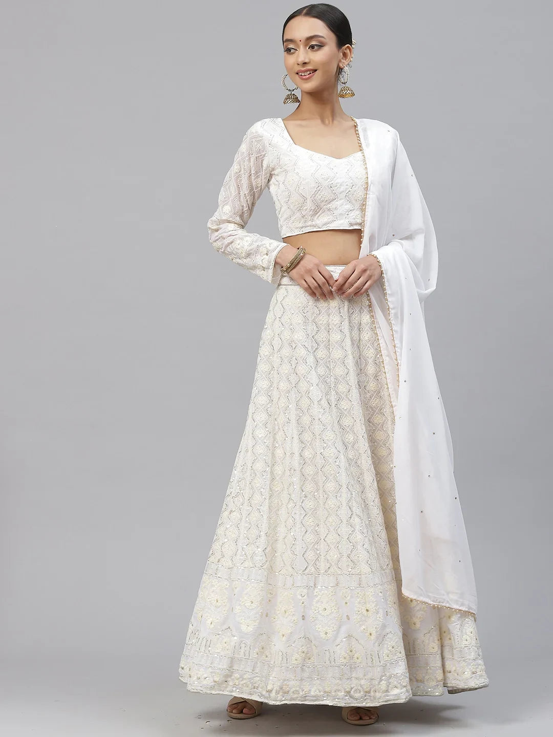 Marvelous White Thread Embroidery Georgette Bridesmaid Lehenga Choli - Zeel Clothing