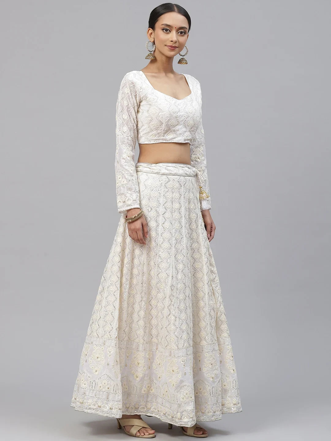 Marvelous White Thread Embroidery Georgette Bridesmaid Lehenga Choli - Zeel Clothing