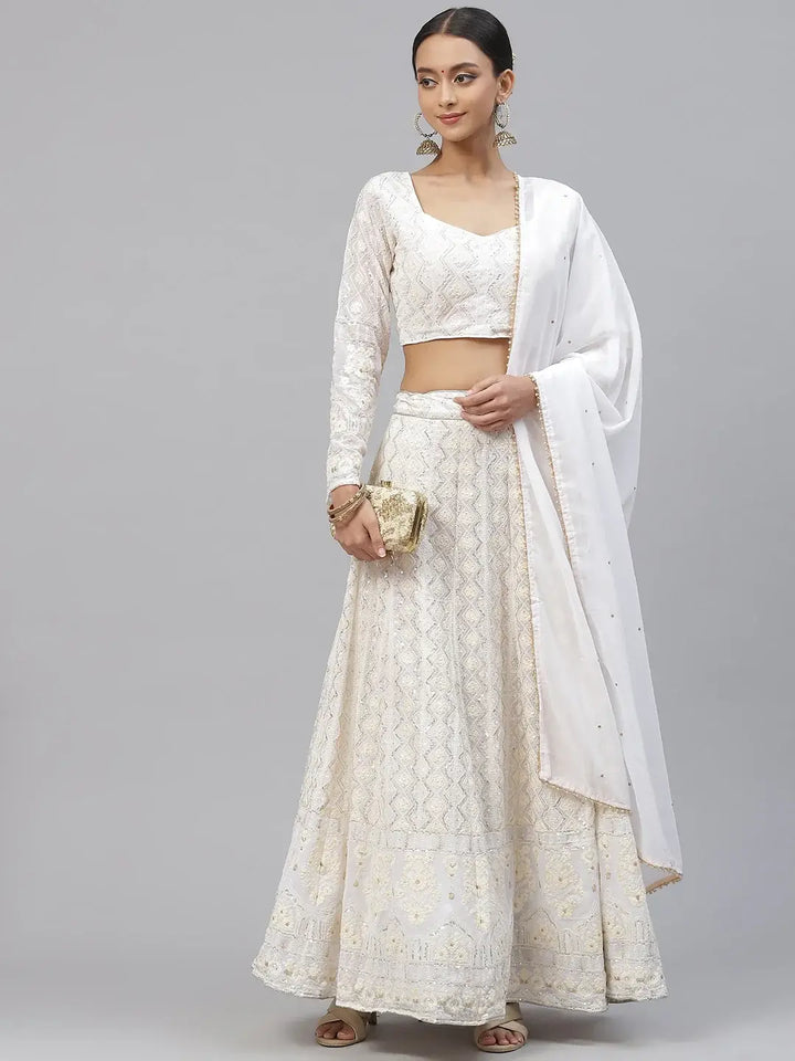 Marvelous White Thread Embroidery Georgette Bridesmaid Lehenga Choli - Zeel Clothing