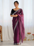 Marvelous Wine Border Work Net Party Wear Saree With Blouse - Zeel Clothing