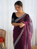 Marvelous Wine Border Work Net Party Wear Saree With Blouse - Zeel Clothing