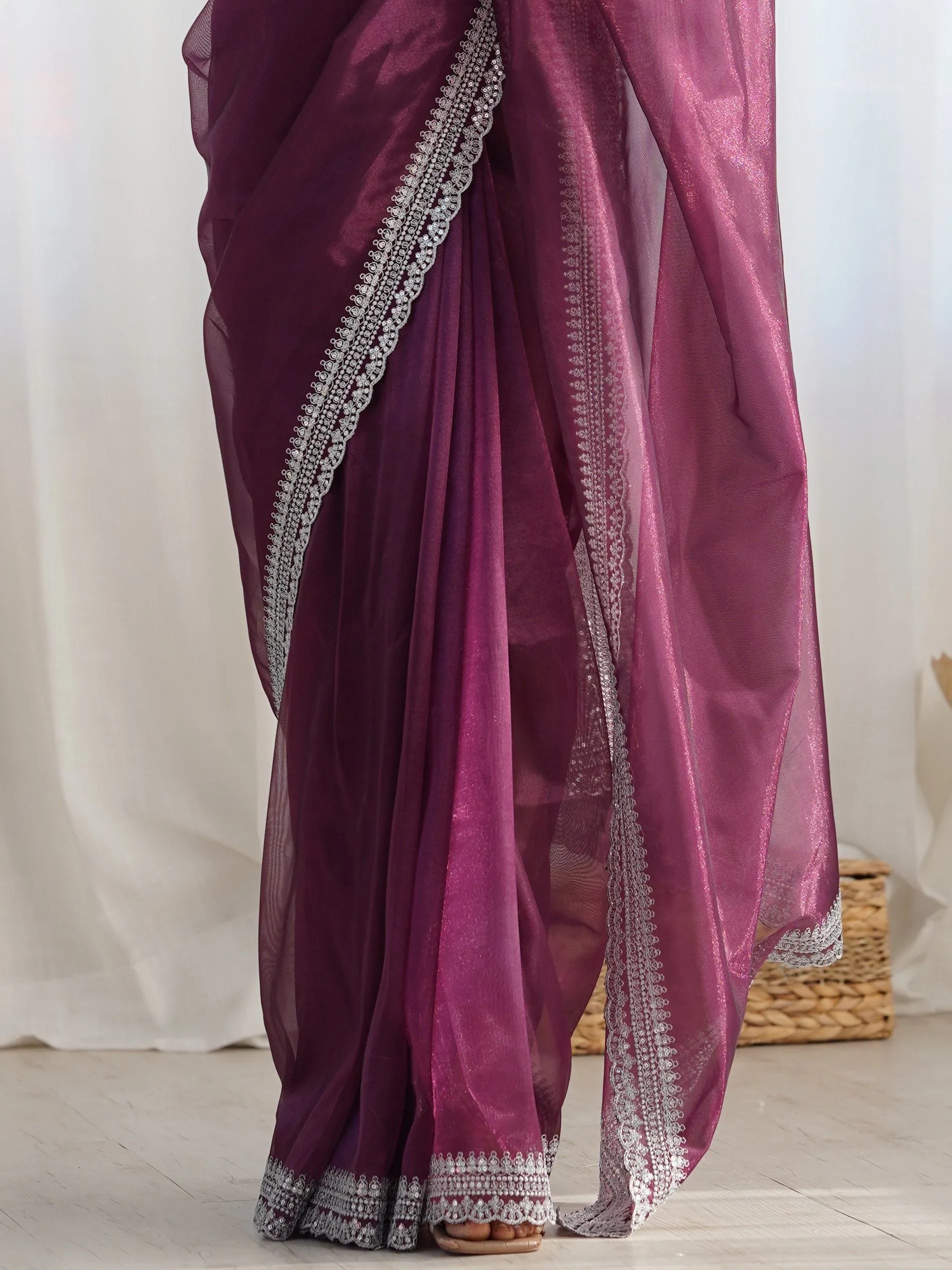 Marvelous Wine Border Work Net Party Wear Saree With Blouse - Zeel Clothing