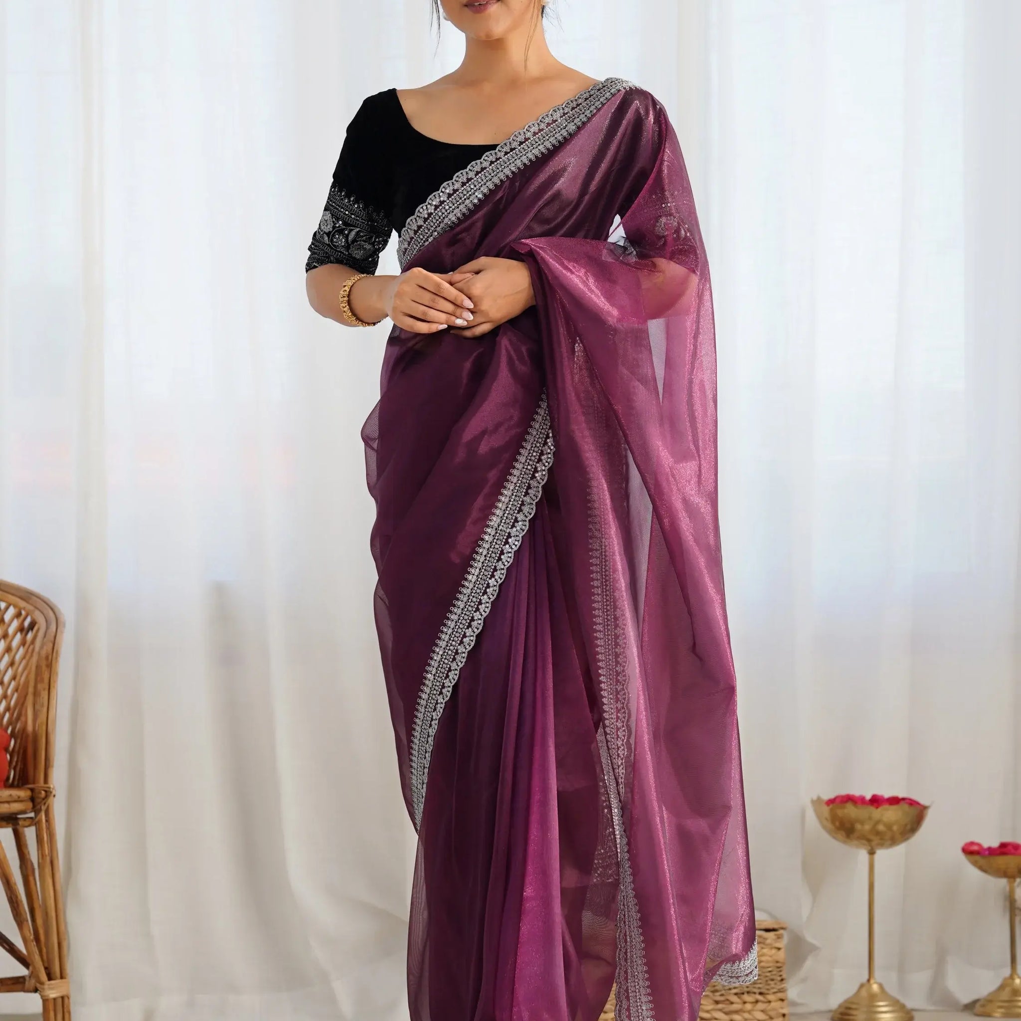 Marvelous Wine Border Work Net Party Wear Saree With Blouse - Zeel Clothing