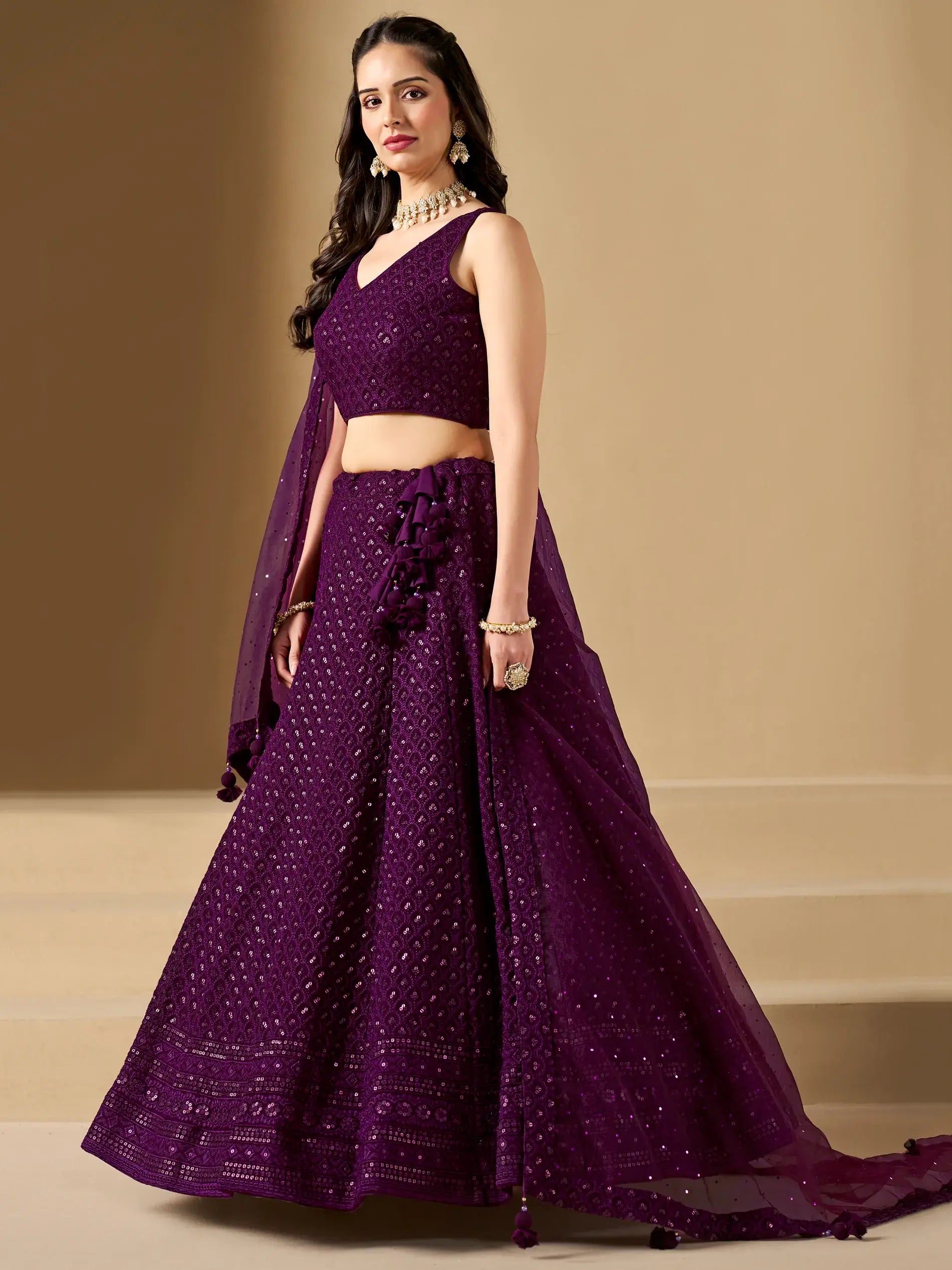 Marvelous Wine Thread Work Georgette Reception Wear Lehenga Choli - Zeel Clothing