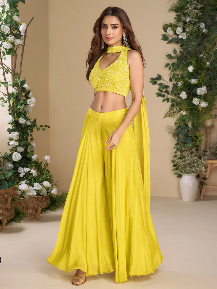 Marvelous Yellow Bead Work Georgette Haldi Wear Crop Top With Palazzo - Zeel Clothing