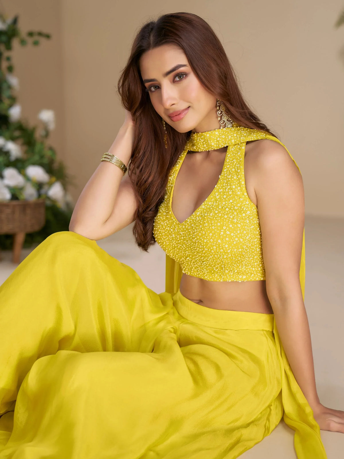 Marvelous Yellow Bead Work Georgette Haldi Wear Crop Top With Palazzo - Zeel Clothing