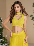Marvelous Yellow Bead Work Georgette Haldi Wear Crop Top With Palazzo - Zeel Clothing