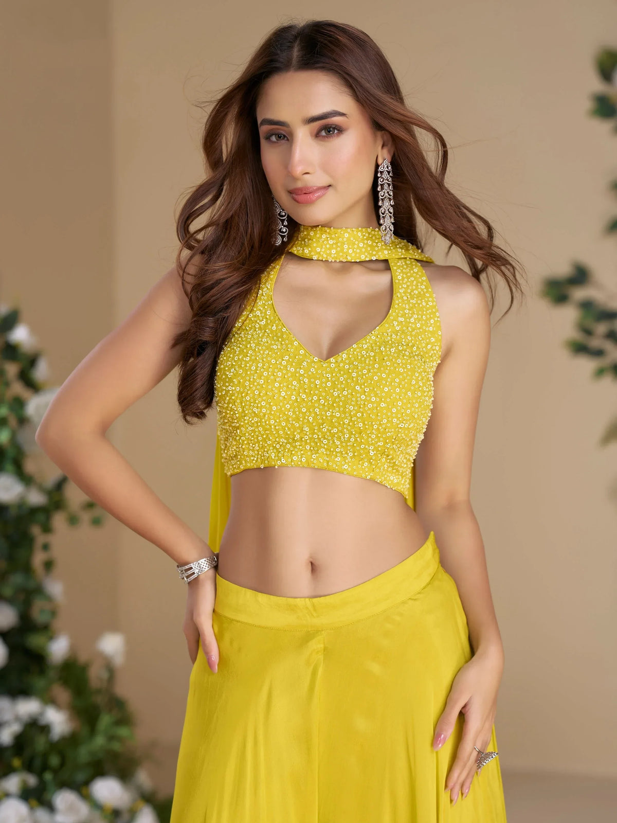 Marvelous Yellow Bead Work Georgette Haldi Wear Crop Top With Palazzo - Zeel Clothing