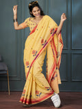Marvelous Yellow Floral Printed Linen Event Wear Saree With Blouse - Zeel Clothing