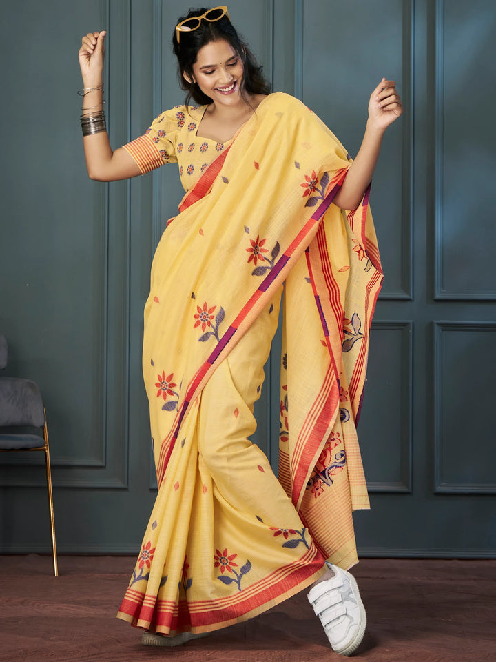 Marvelous Yellow Floral Printed Linen Event Wear Saree With Blouse - Zeel Clothing