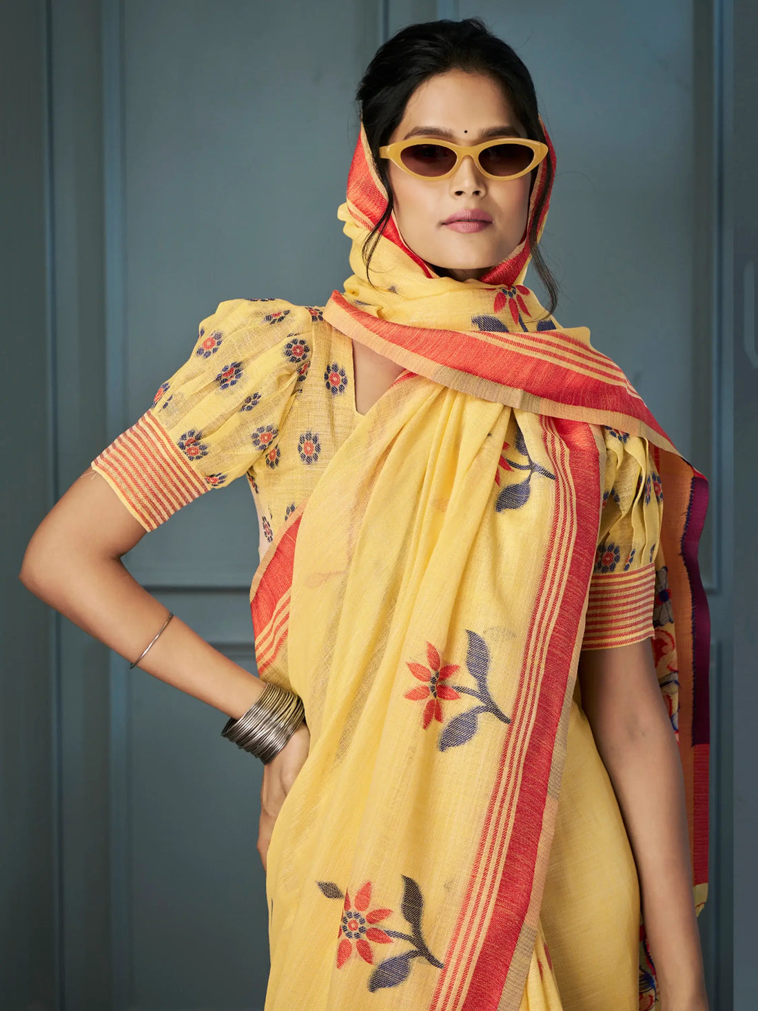 Marvelous Yellow Floral Printed Linen Event Wear Saree With Blouse - Zeel Clothing