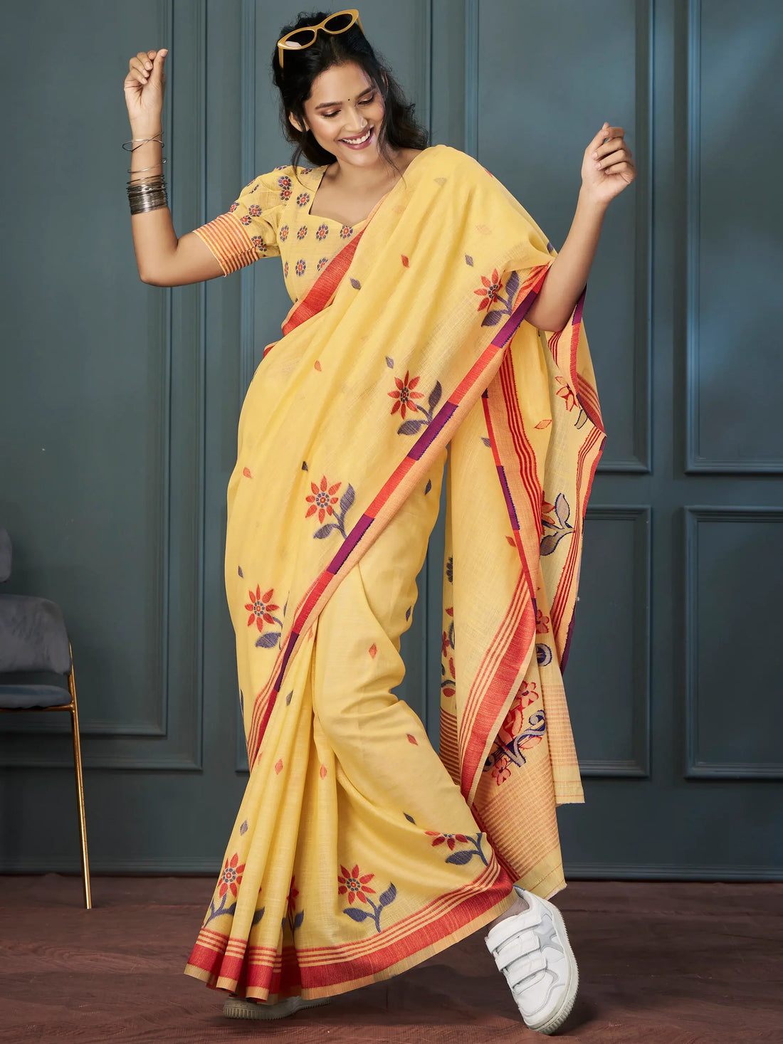 Marvelous Yellow Floral Printed Linen Event Wear Saree With Blouse - Zeel Clothing