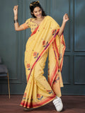Marvelous Yellow Floral Printed Linen Event Wear Saree With Blouse - Zeel Clothing