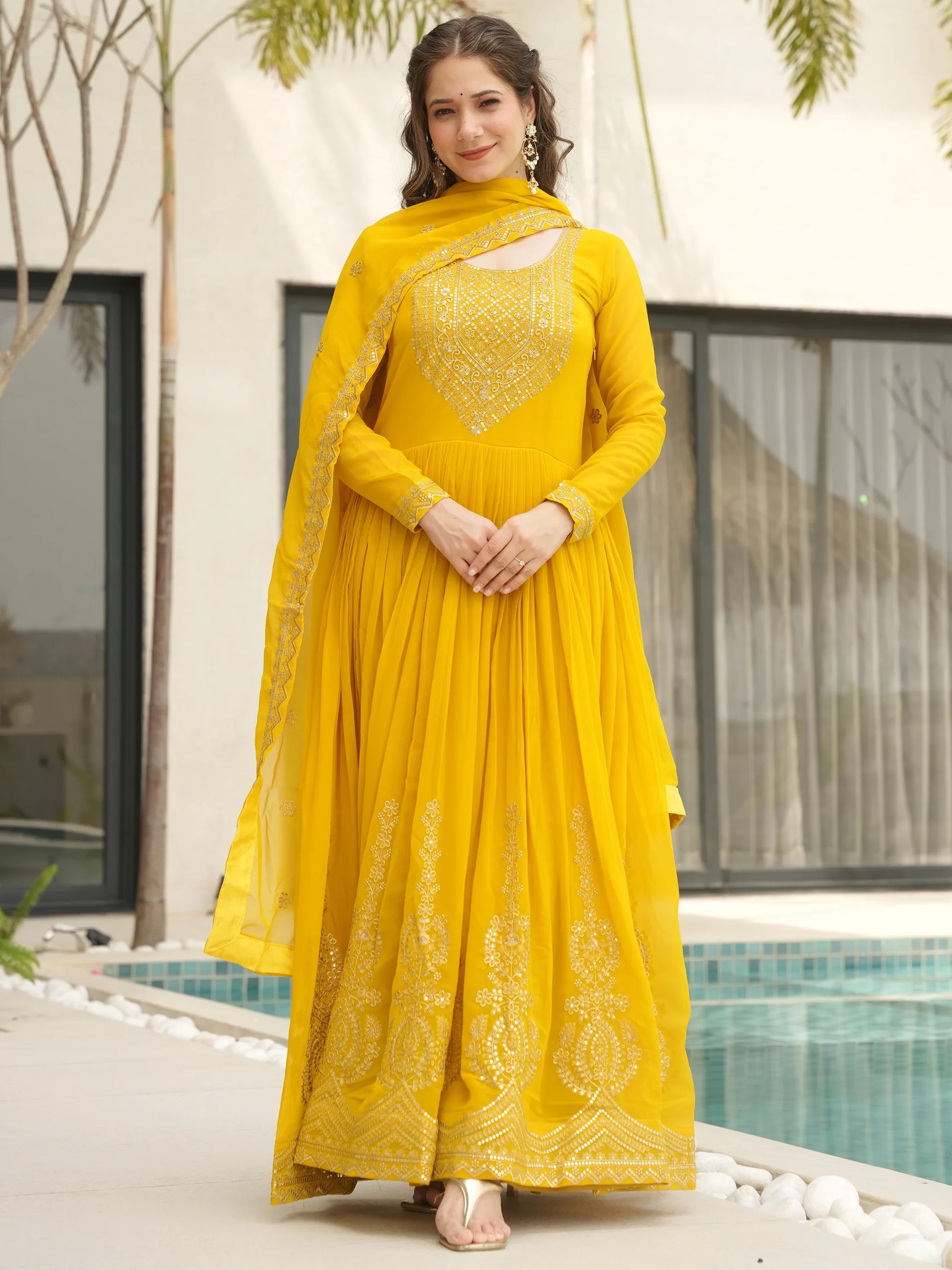 Marvelous Yellow Sequins Georgette Festival Wear Gown With Dupatta - Zeel Clothing